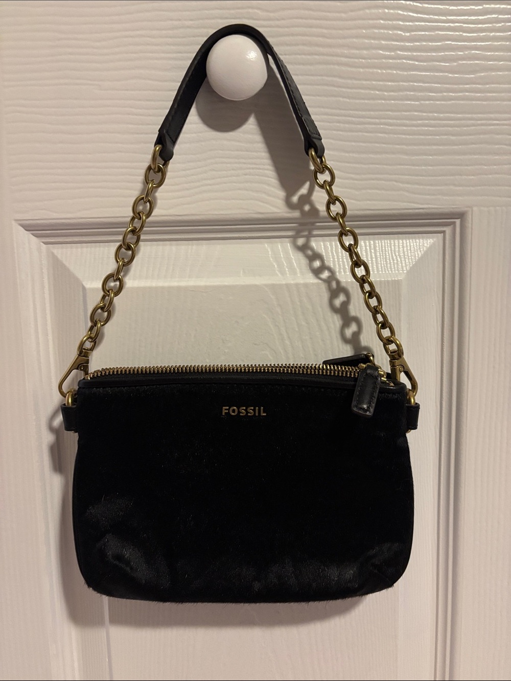 Fossil Black Velvet Wristlet with Gold Chain Strap